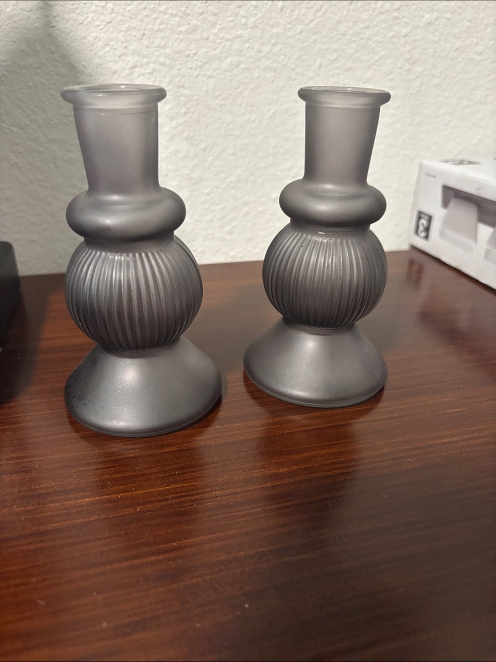 Matte Gray Ribbed Glass Candle Holders - Set of 2